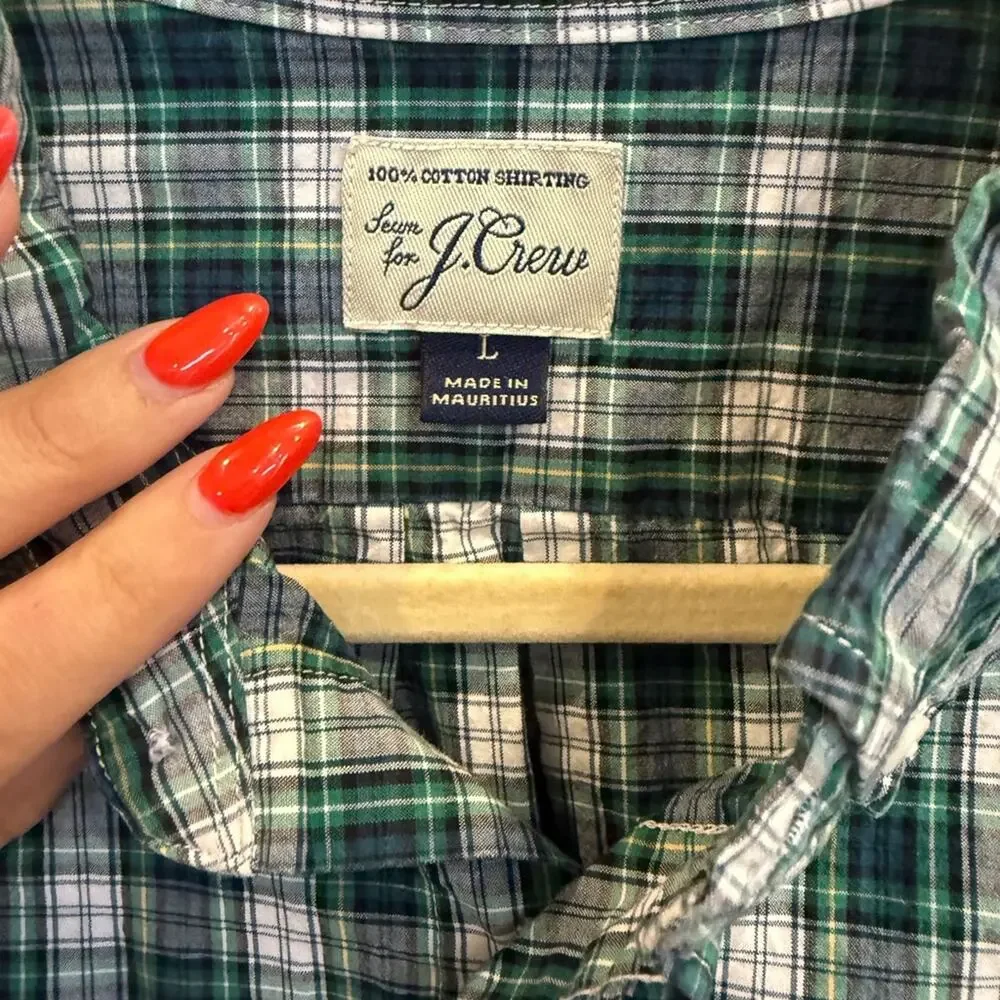 J. Crew Green and White Plaid Casual Shirt